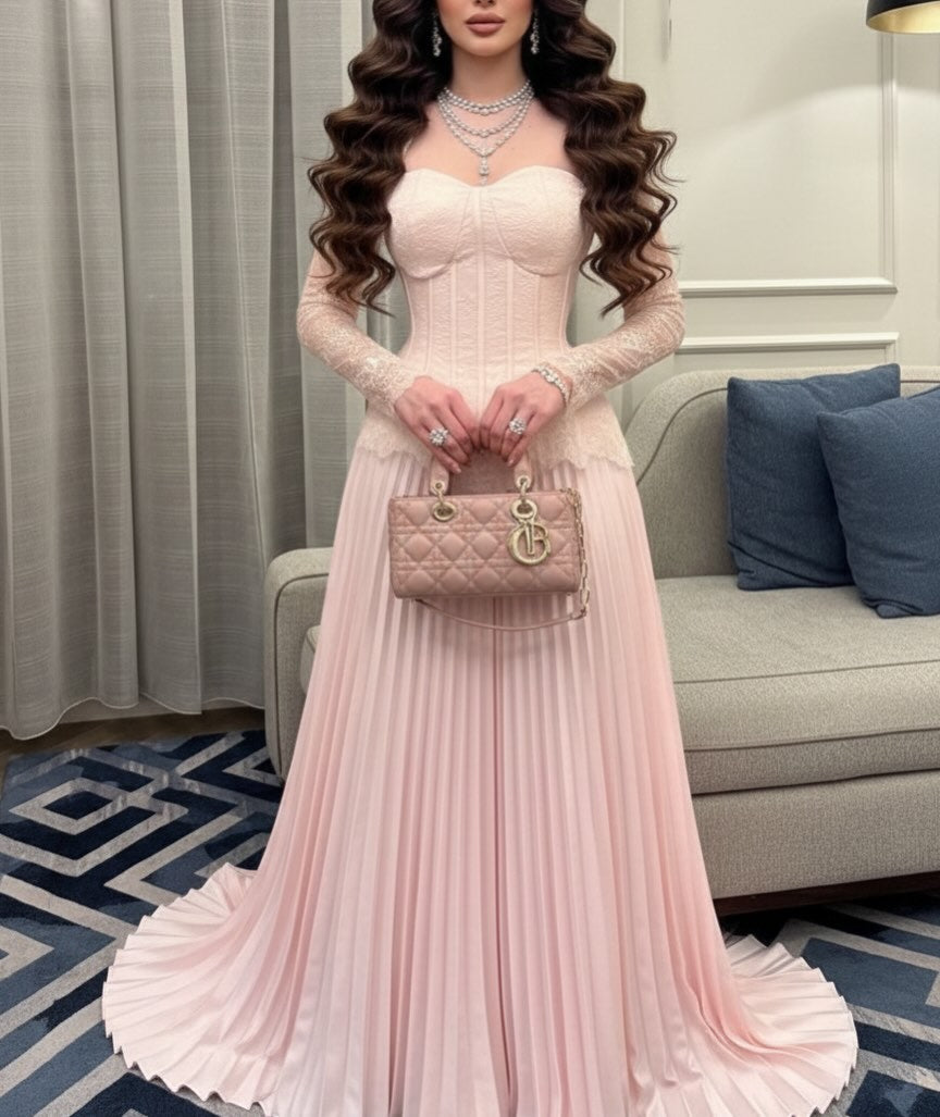 Elegant Pink Square Neck Long Sleeve A-Line Floor-Length Evening Dress