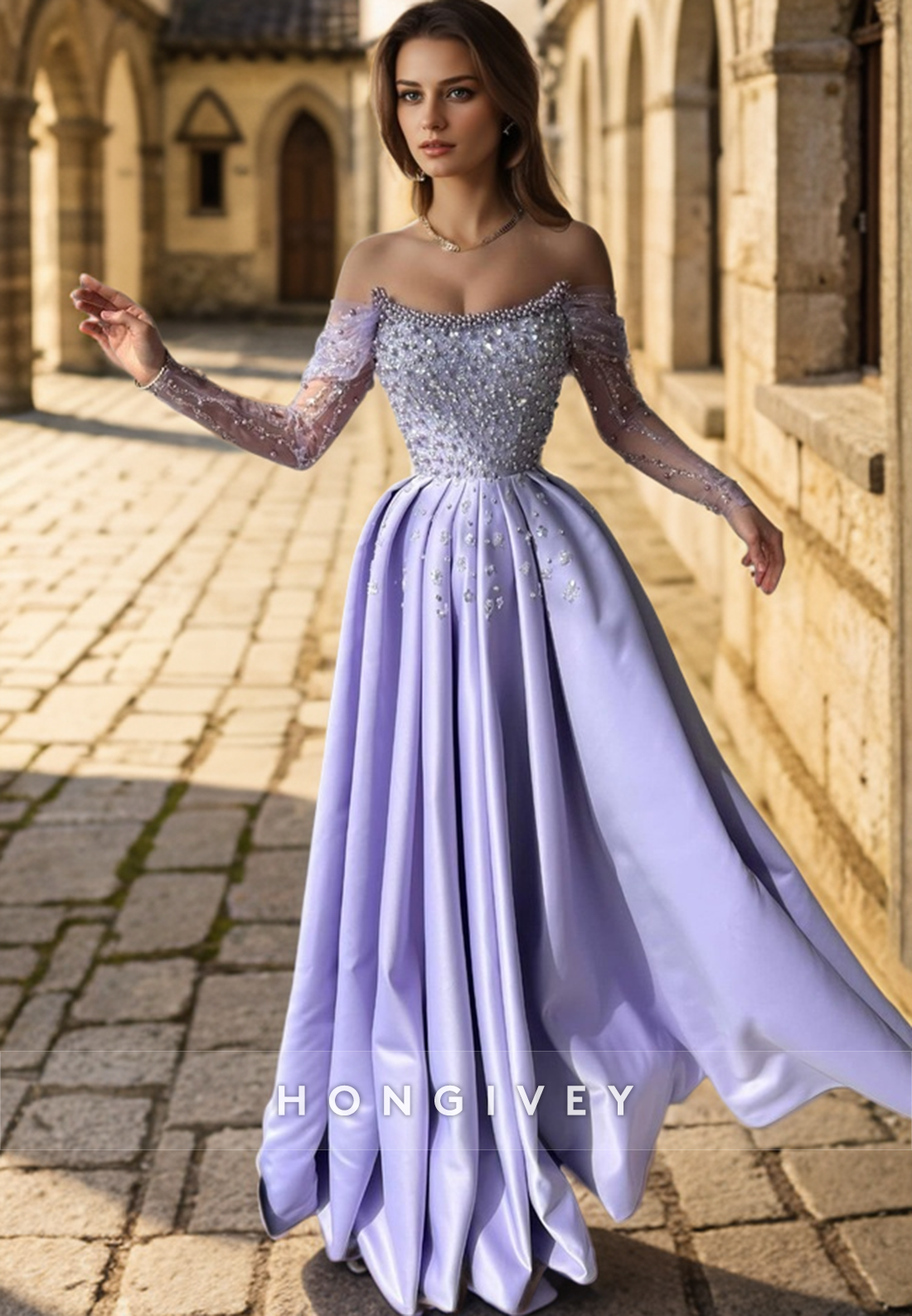 L2978 - Chic Satin A-Line Bateau Off-Shoulder Beaded Party Prom Evening Dress