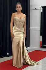 Stunning Mermaid Spaghetti Straps Long Glitter Prom Dress with High Slit