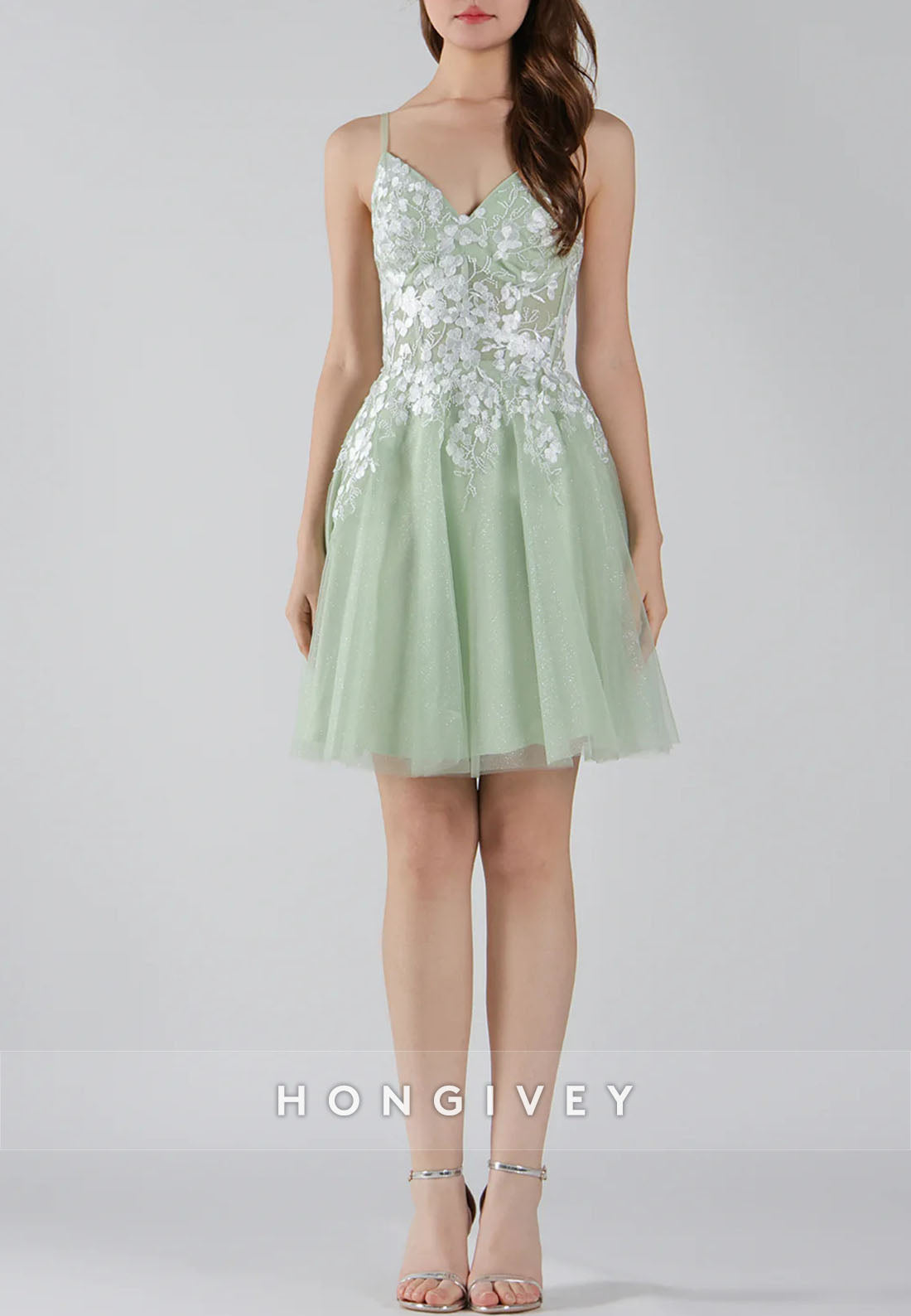 V-Neck Lace Floral Bodice Spaghetti Straps Crisscross Back Mini Homecoming Dresses