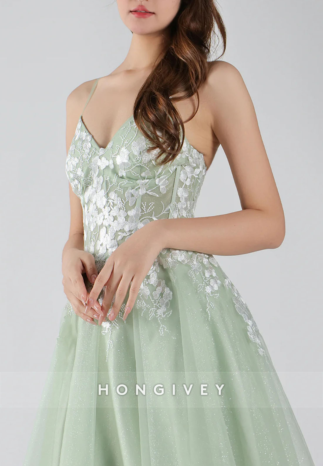 V-Neck Lace Floral Bodice Spaghetti Straps Crisscross Back Mini Homecoming Dresses