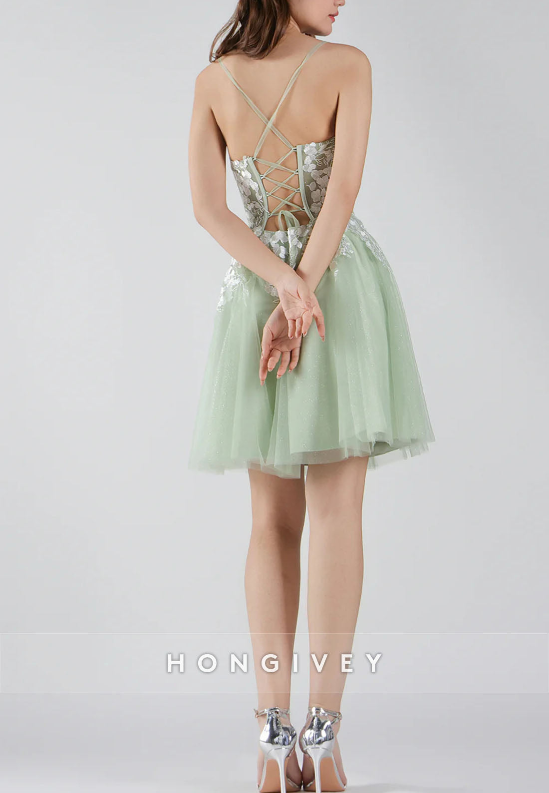 V-Neck Lace Floral Bodice Spaghetti Straps Crisscross Back Mini Homecoming Dresses