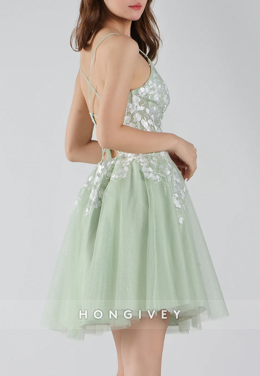 V-Neck Lace Floral Bodice Spaghetti Straps Crisscross Back Mini Homecoming Dresses