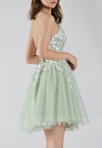 V-Neck Lace Floral Bodice Spaghetti Straps Crisscross Back Mini Homecoming Dresses