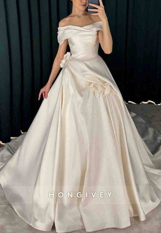 Flowers Chapel Train A-line Off the Shoulder Pleated Wedding Dresses