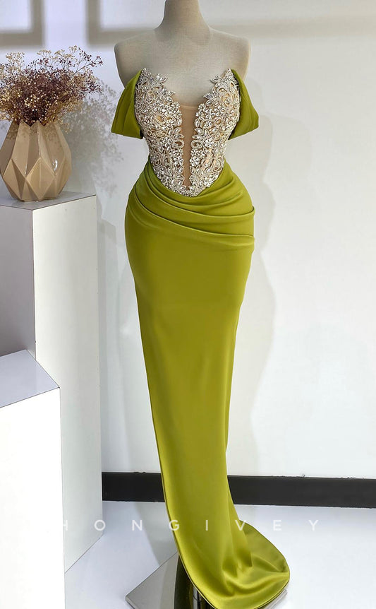 L2777 - Off-Shoulder Beaded Pleats With Side Slit Party Prom Evening Dress