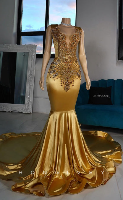 L2927 - Trumpet Round Beaded Appliques Party Prom Evening Dress For Black Women