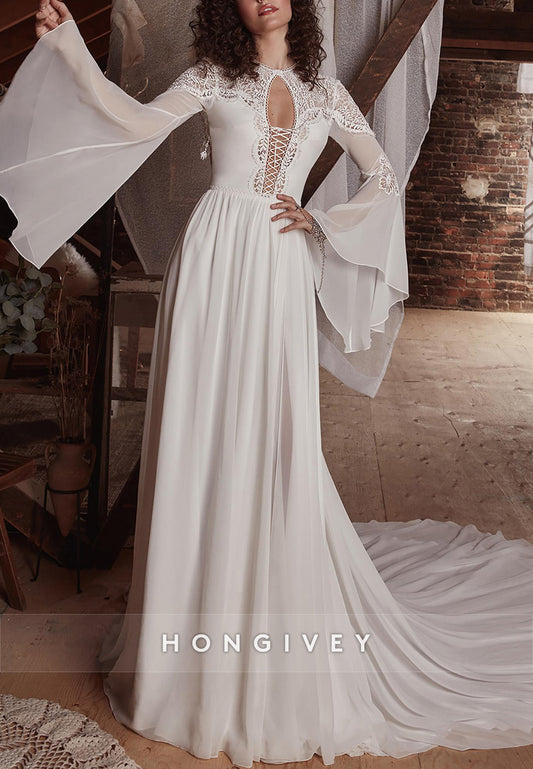 Keyhole Pleated Flutter Sleeves Lace A-line Chapel Train Boho Wedding Dresses