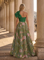 Floral Jacquard One Shoulder A-Line Mother of the Bride Floor-Length Evening Gowns with Bow Pockets