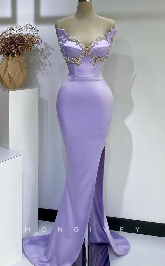 L2778 - Satin Trumpet Sweetheart Strapless Beaded With Side Slit Party Prom Evening Dress