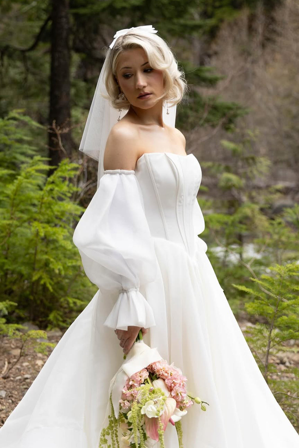 Charming A-Line Strapless White Satin Organza Wedding Dresses with Long Sleeves
