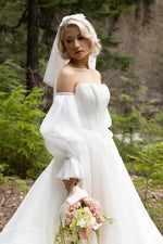 Charming A-Line Strapless White Satin Organza Wedding Dresses with Long Sleeves