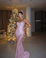 Red Tulle Strapless Sleeveless Long Mermaid Prom Dress With Sequins And Corset