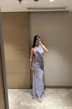 Halter High Neck Detachable Lace Flowers Long Sleeve Mermaid Evening Dress