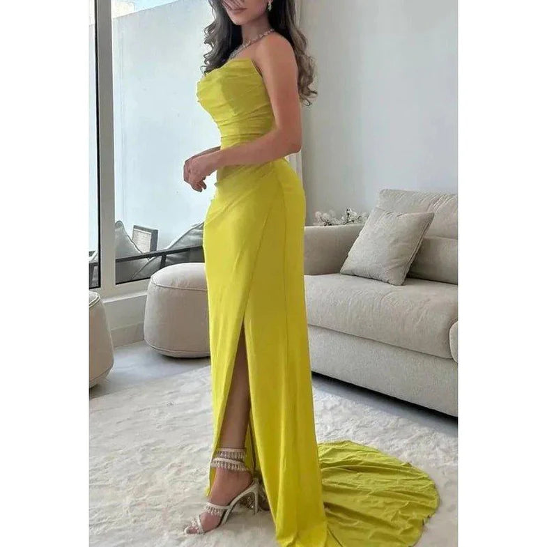 Elegant Strapless Green Sleeveless Ruched Slit Evening Dress