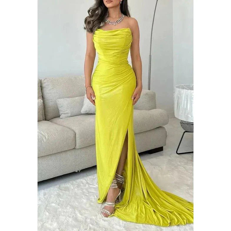 Elegant Strapless Green Sleeveless Ruched Slit Evening Dress