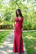 Red Sexy Spaghetti Strap Backless Appliques Mermiad Side Slit Prom Dress