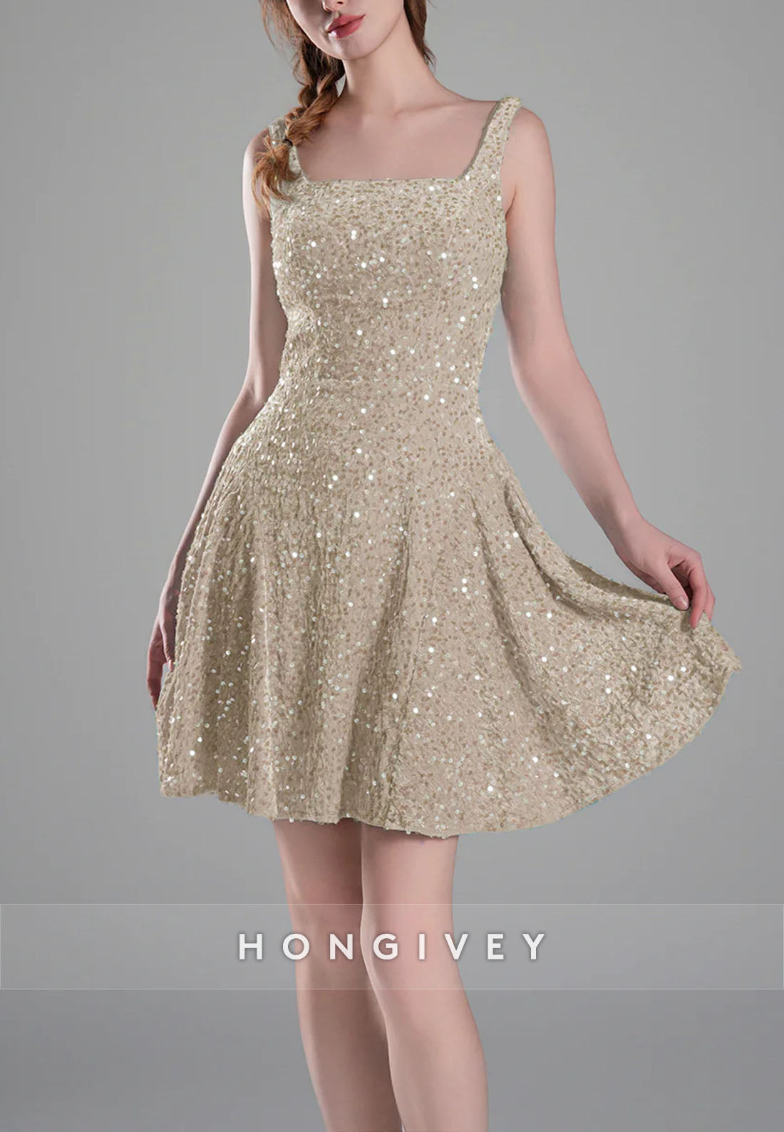 Square Neck Sequined A-Line Regular Straps Short Homecoming Dress