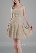 Square Neck Sequined A-Line Regular Straps Short Homecoming Dress