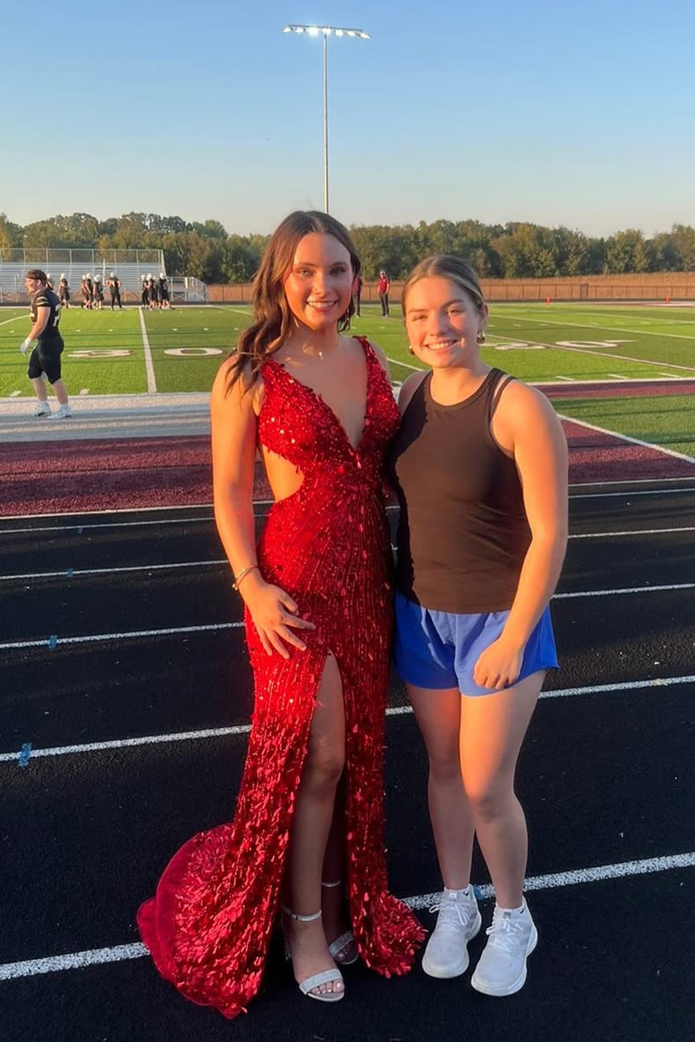 Gorgeous Mermaid V Neck Red Sequins Beading Long Prom Dress with Slit