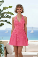 Halter 3D Floral Applique Mini Dress