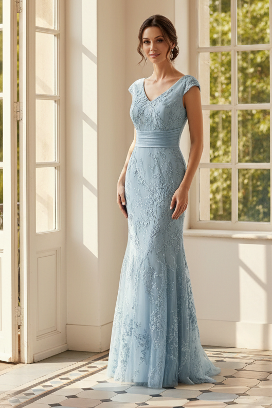 Lace Applique V-Neck Sleeveless Mermaid Mother of the Bride Dress
