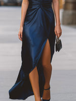 Mooyius Midnight Halter Satin Ruched Maxi Evening Dress