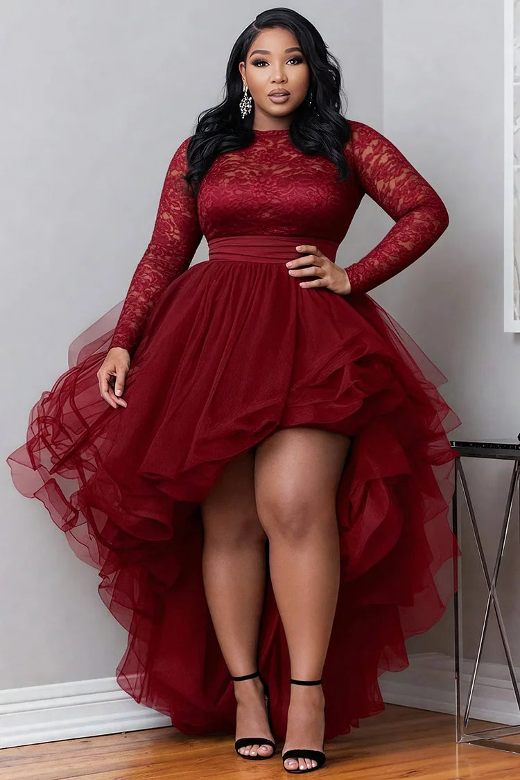 Plus Size Cocktail Party Black Round Neck Long Sleeve High Low Hem Elegant Ruffle Tulle Lace Mini Dresses
