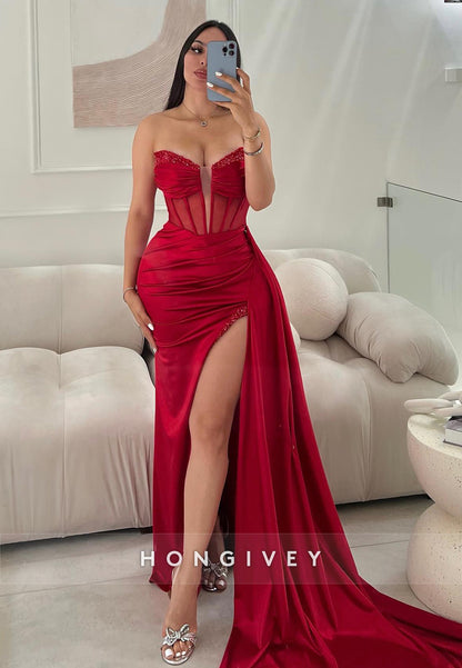 L2214 - Sexy Satin Fitted Sweetheart Strapless Empire Ruched Beaded With Side Slit Party Prom Evening Dress