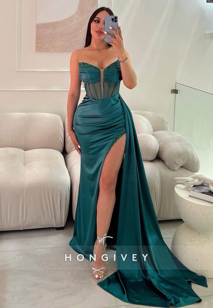 L2214 - Sexy Satin Fitted Sweetheart Strapless Empire Ruched Beaded With Side Slit Party Prom Evening Dress