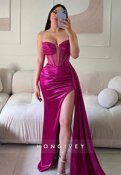 L2214 - Sexy Satin Fitted Sweetheart Strapless Empire Ruched Beaded With Side Slit Party Prom Evening Dress