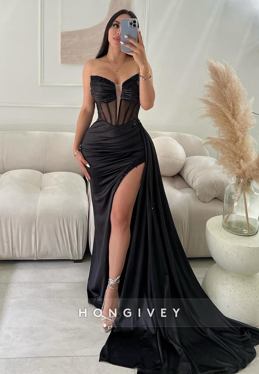 L2214 - Sexy Satin Fitted Sweetheart Strapless Empire Ruched Beaded With Side Slit Party Prom Evening Dress