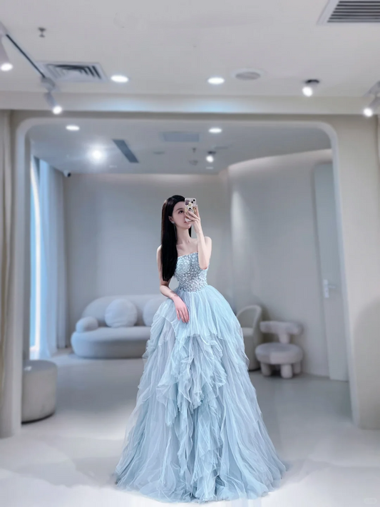 Cute Ball Gown Strapless Tulle Layered Blue Long Prom Dresses Impress 20th Birthday Outfits Prom Gown AB903