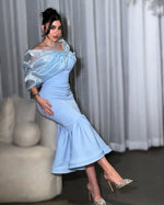 Blue Off the Shoulder Sleeveless Mermaid Tea-Lenght Evening Dress
