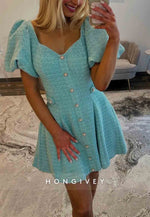 Modern A-Line Covered Button Short Pleated Homecoming Dress with Short Sleeves