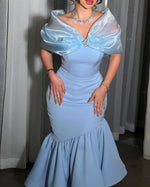 Blue Off the Shoulder Sleeveless Mermaid Tea-Lenght Evening Dress