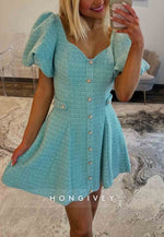 Modern A-Line Covered Button Short Pleated Homecoming Dress with Short Sleeves