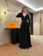 Black V-Neck Sequins Applique Long Sleeve A-Line Floor-Length Evening Dress