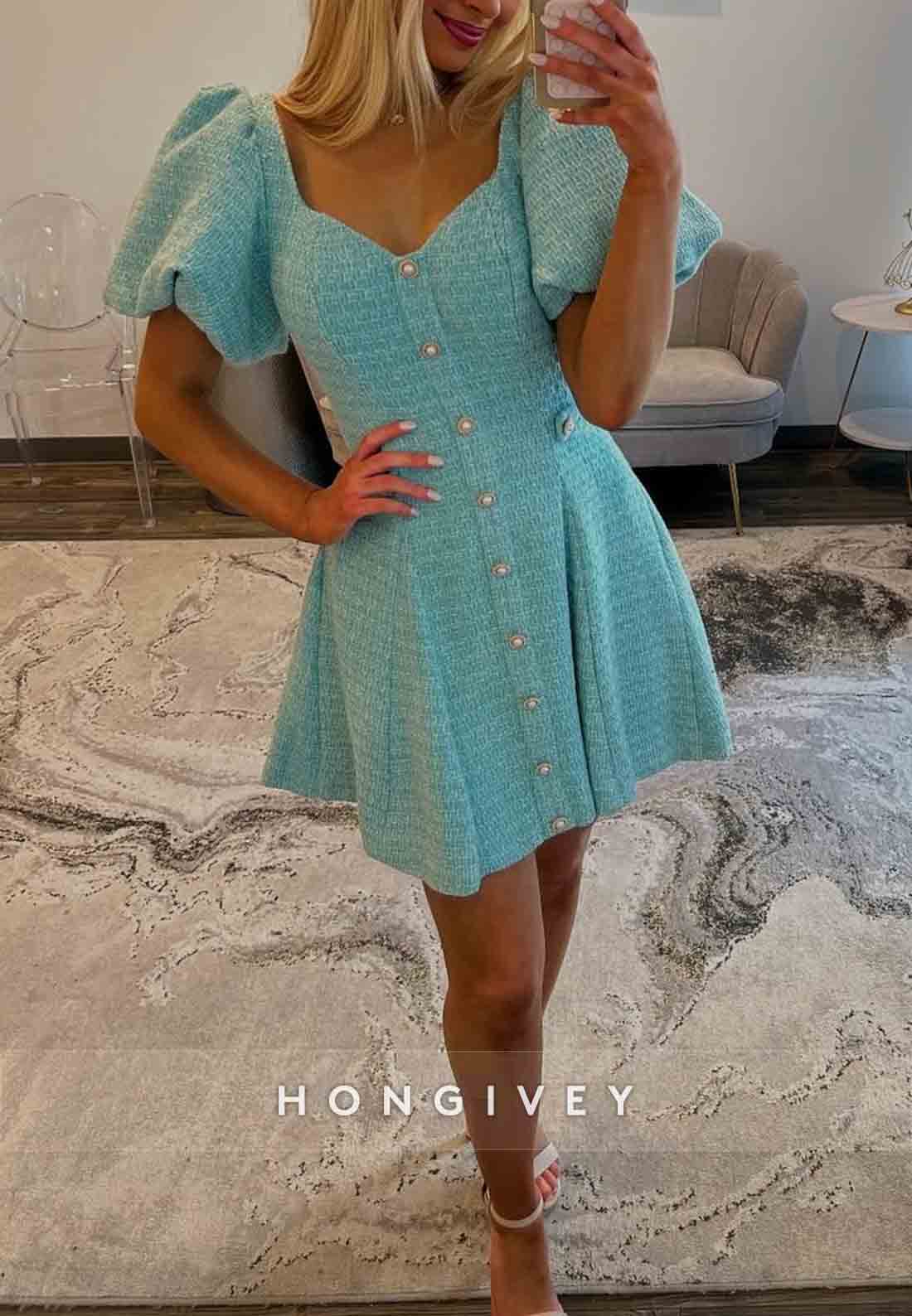 Modern A-Line Covered Button Short Pleated Homecoming Dress with Short Sleeves