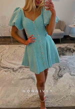 Modern A-Line Covered Button Short Pleated Homecoming Dress with Short Sleeves