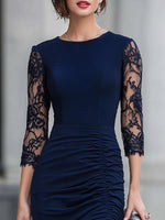 Navy Blue Lace-Sleeve Ruched Midi Sheath Dress