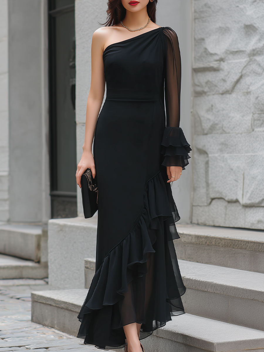 Mooyius One-Shoulder Sheer Ruffled Midi Evening Dress