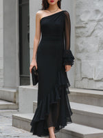 Mooyius One-Shoulder Sheer Ruffled Midi Evening Dress