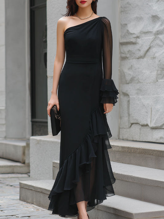 Mooyius One-Shoulder Sheer Ruffled Midi Evening Dress