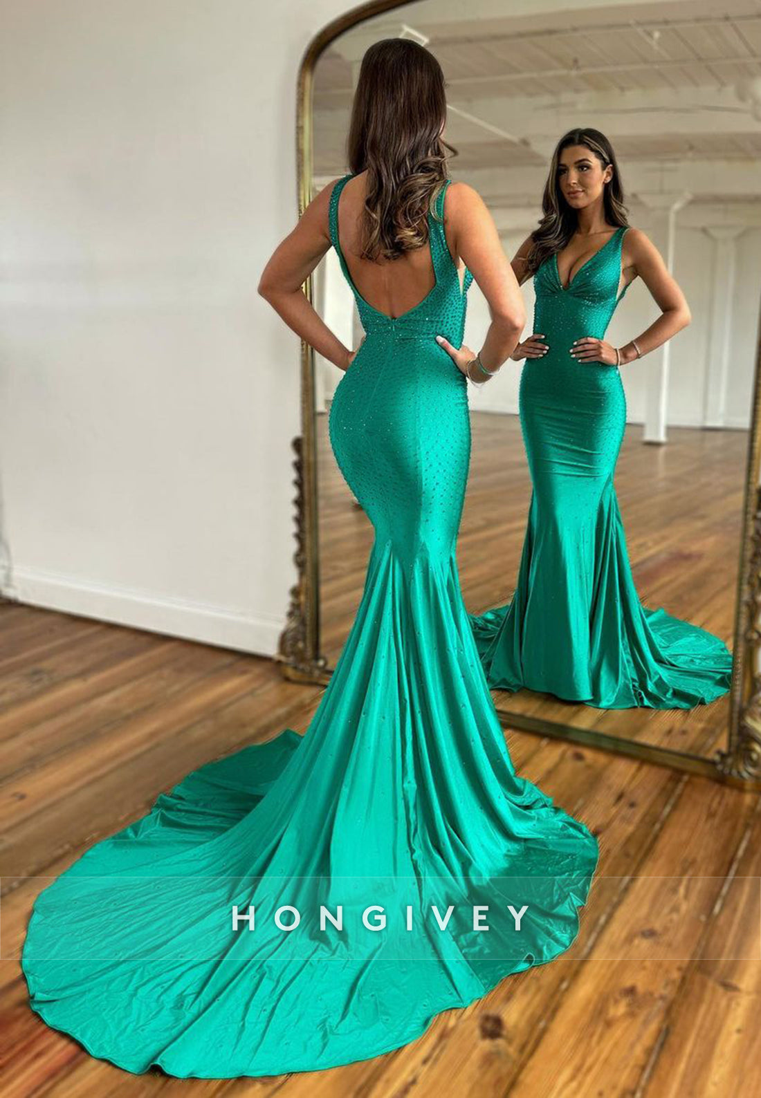 L1436 - Sexy Trumpt Satin V-Neck Straps Backless With Train Party Prom Evening Dress