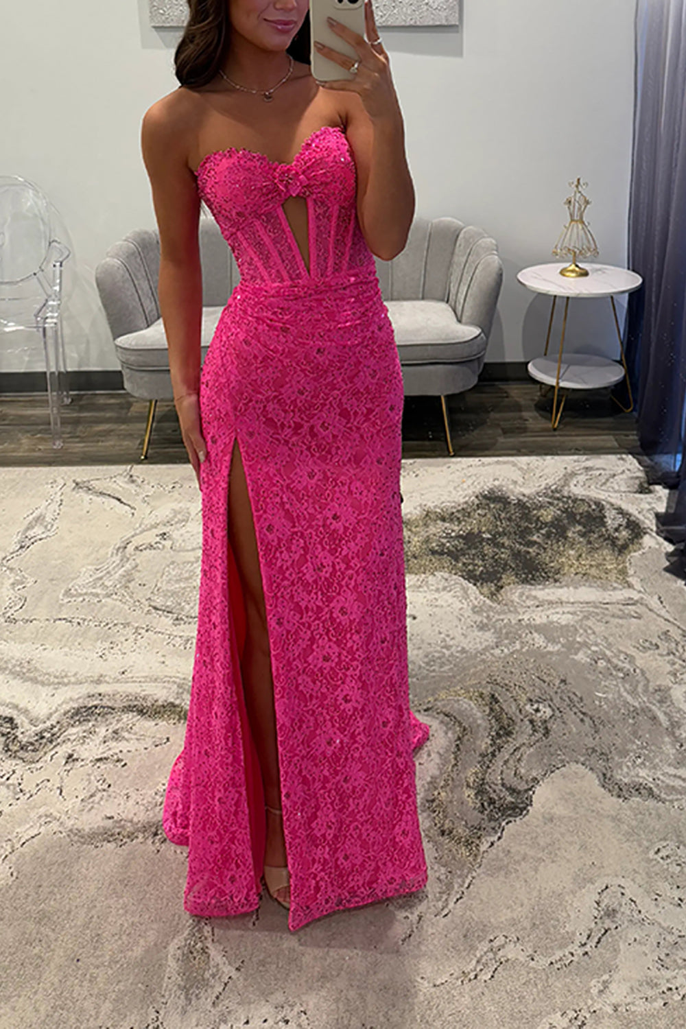 Mermaid Sweetheart Keyhole Hot Pink Lace Long Prom Dresses with Slit