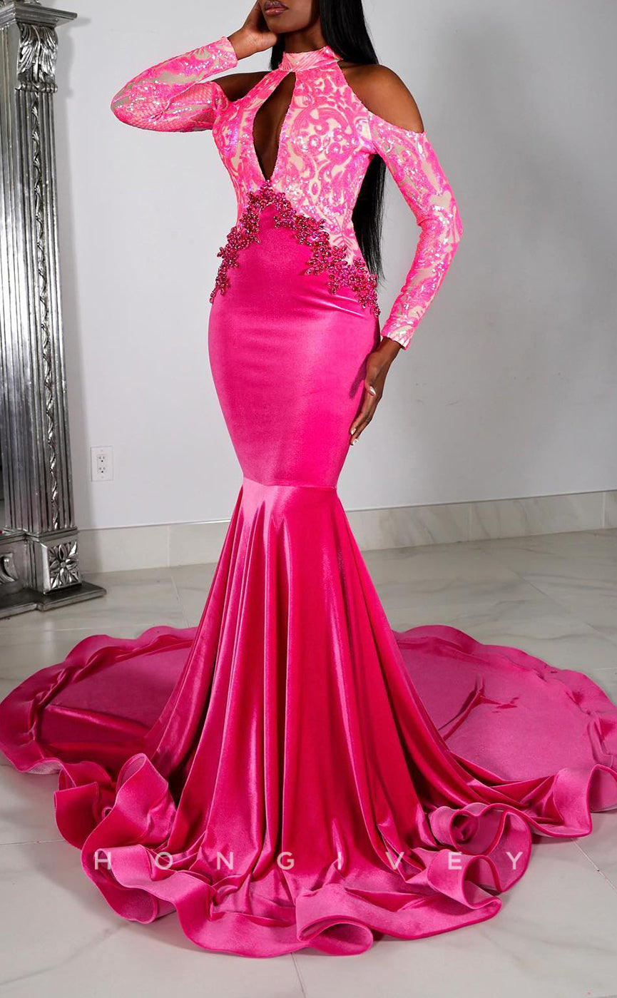 L2917 - High Neck Long Sleeves Appliques Party Prom Evening Dress For Black Women