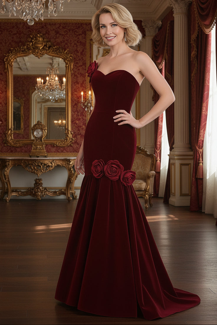 Sweetheart Mermaid Sweep Train Dress With Flowers Burgundy