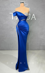 L2792 - Satin Fitted One Shoulder Pleats Beaded With Side Slit Party Prom Evening Dress