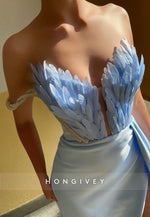 L1237 - Feathered Crystal Beaded Plunging Illusion With Train And Slit Evening Party Formal Prom Dress